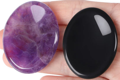 QINJIEJIE 2PCS Thumb Worry Stone for Anxiety Healing Crystals Amethyst Black Obsidian Hand Carved Oval Palm Pocket Stones Meditation Crystal Reiki Relax Stone Anxiety Relief Items Gifts for Women