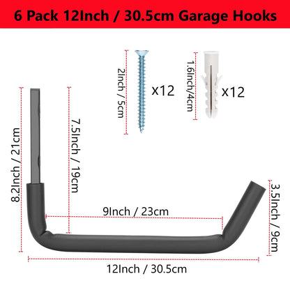 Garage Storage Ladder Hooks with 12" Jumbo Arm, 8 Pack Heavy Duty Wall Mounted Storage Hanger Utility Organizer for Bicycle, Folding Chairs, Bike and Garden Tools