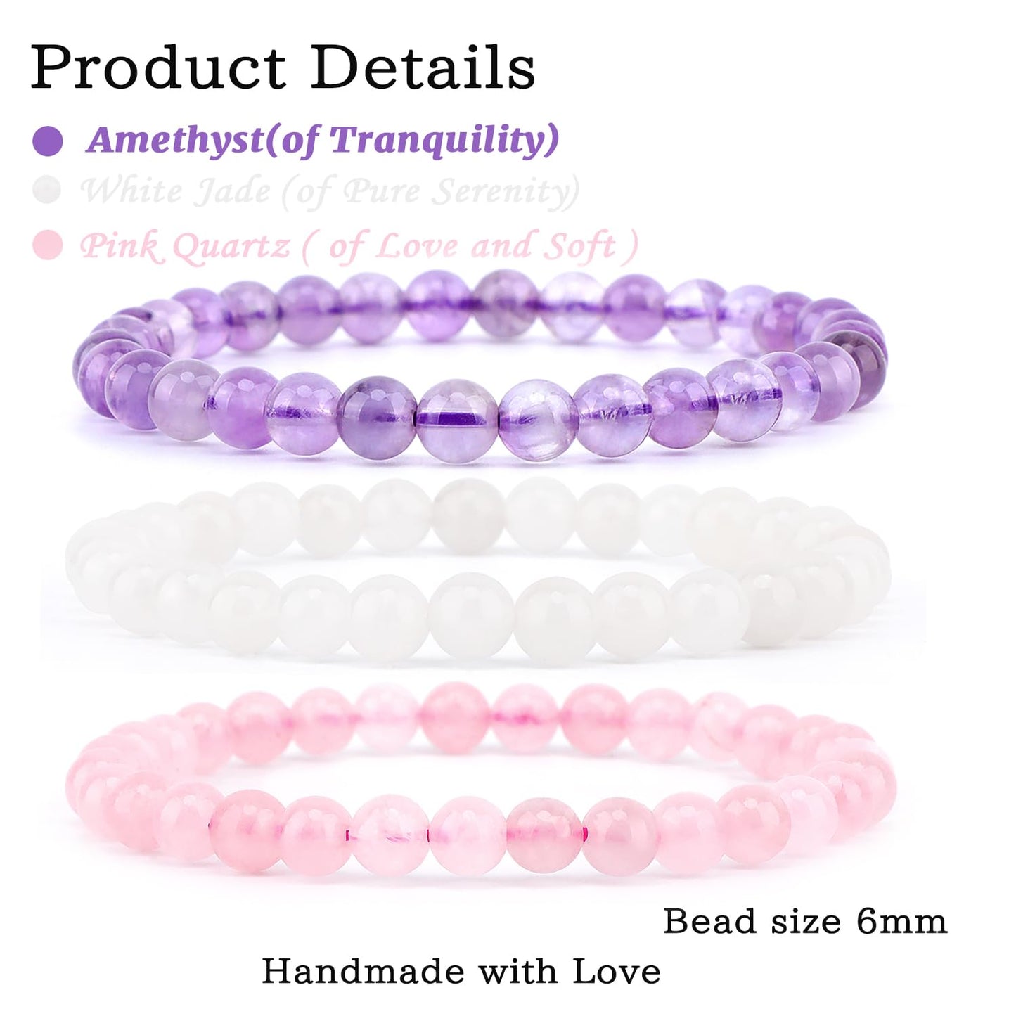 NCB 3-Piece 6mm Natural Crystal Gemstone Stretch Bracelets – ﻿Amethyst, Pink Quartz, White Jade Handmade Reiki Energy Healing Jewelry for Meditation,Yoga, Unisex