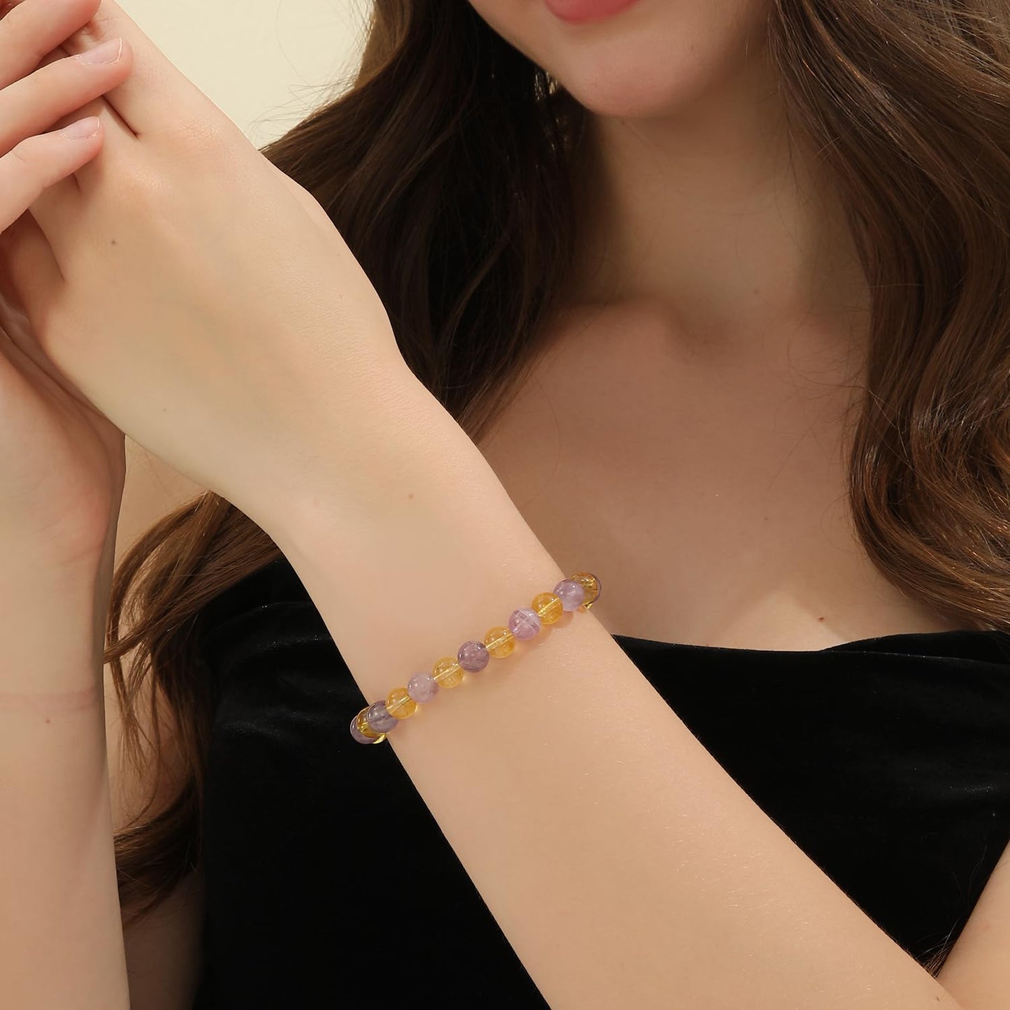Crystal Vibe Citrine and Amethyst Crystal Bracelet for Birthday - 8mm Beaded Bracelet for Spirituality and Success - Healing Chakra Gifts for Women - Elastic Adjustable Size