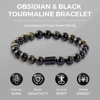 Buddha Stones Black Obsidian Bracelet with Black Tourmaline, Black Stone Bead Bracelet for Men & Women, Unisex Good Luck Bracele for Protection Positive Energy, Healing Crystal Bracelet for Anxiety Relief, Includes Gift Box & Card - 8MM