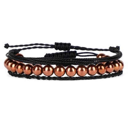 QOGIR Handmade Healing Bracelet,8mm Natural Copper Hematite Gem Stone Beads Bracelet for Men Women Gifts with 2PCS Size Adjustable Rope Bracelets