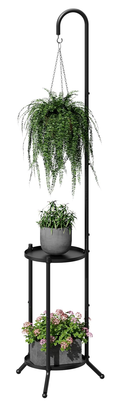 2-Tier Hanging Plant Stand, Black Heavy Duty Metal Planter Rack - Space Saving Indoor/Outdoor Shelves with 41" Hanging Space - Display Multiple Flower Pots, Tall Iron Plant Organizer for Living Room, Patio & Garden