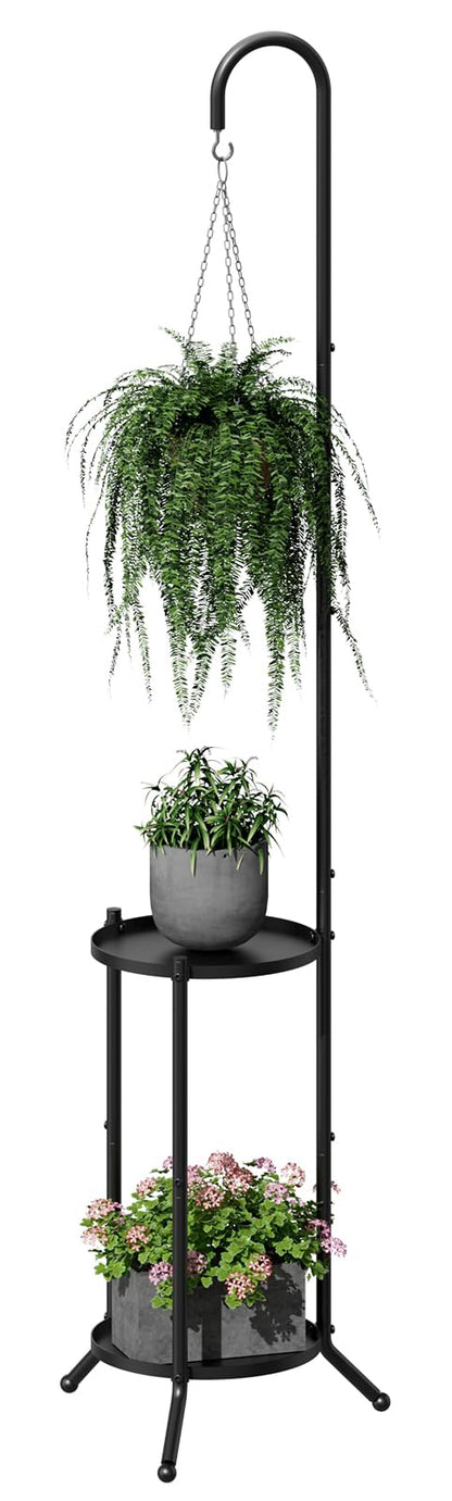2-Tier Hanging Plant Stand, Black Heavy Duty Metal Planter Rack - Space Saving Indoor/Outdoor Shelves with 41" Hanging Space - Display Multiple Flower Pots, Tall Iron Plant Organizer for Living Room, Patio & Garden