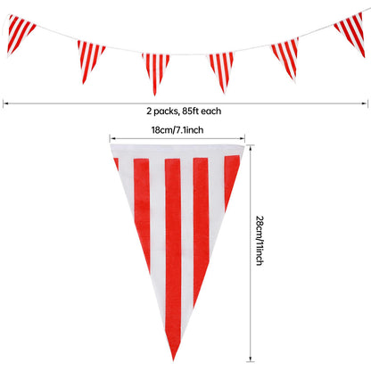 RUBFAC 170ft 120pcs Red and White Striped Pennant Banner, Carnival Circus Decorations Supplies, String Triangle Bunting Flags, Kids Birthday, New Year Eve Celebration Supplies