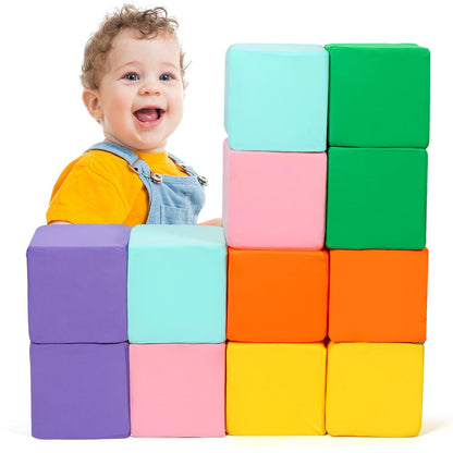 Foam Blocks for Toddlers, 12 PCS Soft Building Blocks for Kids, Large Foam Cubes Colourful Stacking Block Sets - Throw & Play Toys with Washable Cover(Pink, Light Blue, Yellow, Orange, Green, Purple)
