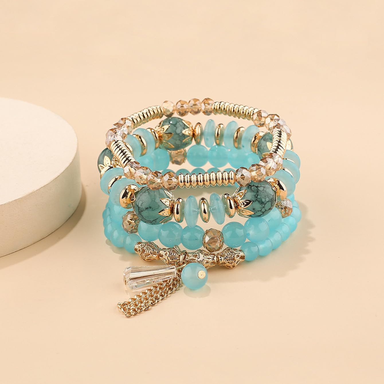 LOTSOF Bohemian Green Jade Stackable Bracelet Set - 4-Layer Stretch Beaded Bracelets with Gold Accents, Boho Jewelry for Women, Fashion Statement Accessory (Gift Ready) (Lake Blue)