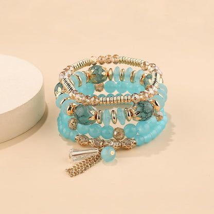 LOTSOF Bohemian Green Jade Stackable Bracelet Set - 4-Layer Stretch Beaded Bracelets with Gold Accents, Boho Jewelry for Women, Fashion Statement Accessory (Gift Ready) (Lake Blue)