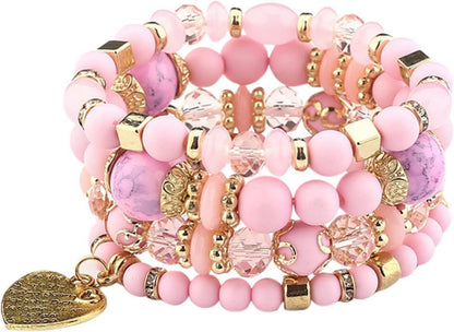 Jewellify Women's Beaded Bracelet Set - Colorful Boho Stackable Design with Crystal Accents - Trendy Fashion Bracelets Jewelry for Women (Pink)