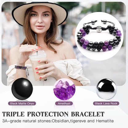 Triple Protection Bracelet - for Protect & Balance - Energy Crystal Bracelets for Men Women - Bring Good Luck & Prosperity - Amethyst Hematite & Black Obsidian Jewelry Natural Stone Healing Bracelet