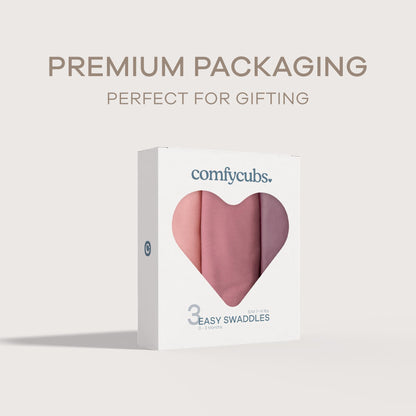 Comfy Cubs Easy Swaddle Blanket, 3 Pack - 100% Cotton Newborn Wrap, Small for 0-3 Months Infants, Breathable and Durable Sleep Sack for Babies - Blush, Mauve & Mulberry