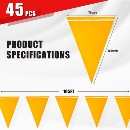 105FT Safety Warning Pennant Banner Flags – Multipurpose OSHA High Visibility Triangle Flags for outside fence, Roadwork, Party and Hazard Areas(YELLOW,45pcs,105FT)