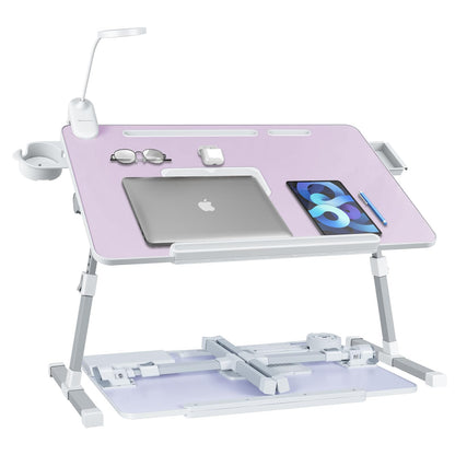 iXTRA Laptop Lap Desk with Cooling Fan - Adjustable Bed Desk with Light, Bed Table with Cup Holder&Phone Holder - Storage Drawer Desk - Folding Bed Desk,Purple,70x45cm