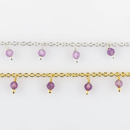 JOR Natural Amethyst Beaded Rosary Anklet, Handmade Craft, Anklet Beads Bracelet, Chakra Healing, Gemstone Women Jewelry, Dainty Gold and Silver Plated Combo Anklet 9 inch + 1.5 inch (2pcs)