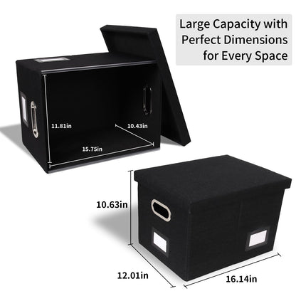 Tcbelosion Portable File Organizer Box with Lid, Filing Box with Handle, Multi-Label Slots, Perfect for Office/Home/Decor (Black)
