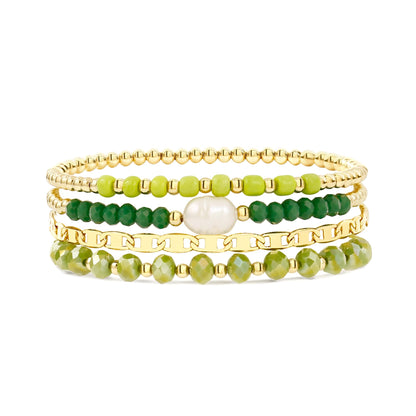 Gold Bracelets for Women Green Crystal Multiple Layered Stackable Wrap Beaded Bangle Set Coffee Bean Chain Trendy Jewelry
