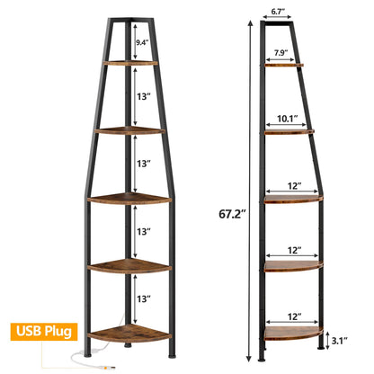 Furnulem 5 Tier Corner Shelf with LED Light, 67.2” Tall Standing Shelf for Wall Corner, Narrow Bookshelf Ladder Shelf for Bedroom, Living Room, Plant, Wood Storage Rack, Metal Frame (Rustic Brown)