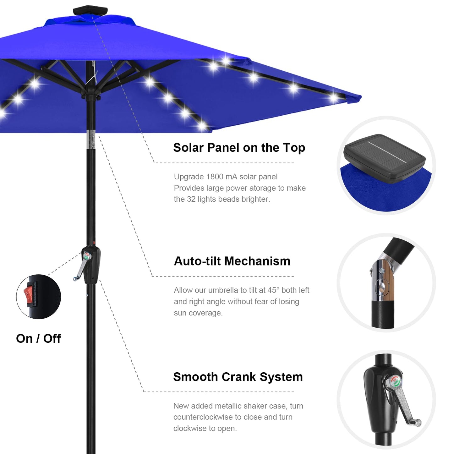 ABCCANOPY Durable Solar Led Patio Umbrellas with 24LED Lights 7.5FT (Royal Blue)