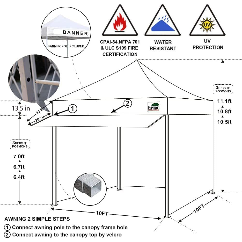 Eurmax USA 10x10 Pop Up Canopy,Commercial Tent with Patented No-Tip Rolling Bag,24sqft Extension Awning & 4 Zippered Removable Walls,UV & Water Resistant,Heavy Duty Instant Shelter Gazebo,White