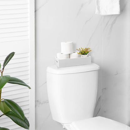 ALELION White Bathroom Basket - Wooden Toilet Tank Paper Basket with Handle for Organizing - Back of Toilet Storage Organizer for Bathroom Tank Topper Counter - White Bathroom Decor Box