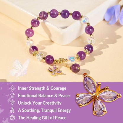 Buddha Stones Amethyst & Butterfly Charm Elastic Bracelet for Women, Handmade Stretch Anxiety Amethyst Crystal Beaded Bracelet, Natural Gemstone Bracelet Jewelry Gift For Mother's Day, Includes Gift Box -8MM