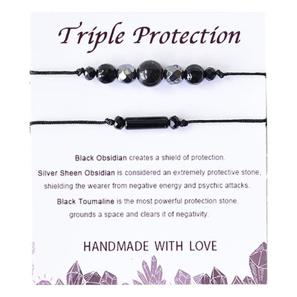 THSOGO 2Pcs Triple Protection Bracelets Black Tourmaline and Obsidian Bracelets Natural Stone Jewelry for Women Men Gifts for Him Her