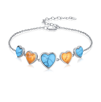 PEIMKO 925 Sterling Silver Heart Turquoise Amber Bracelet Southwestern Style Gifts for Women Mother