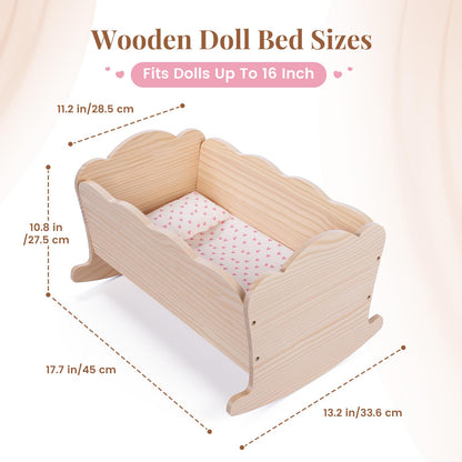 BABESIDE 3 Pcs Baby Doll Crib Set for Dolls up to 16 Inch, Wooden Baby Doll Accessories Babydoll Bed Dolls Cradle with Bedding Set for Kids Pretend Play Toys, Wood Doll Crib