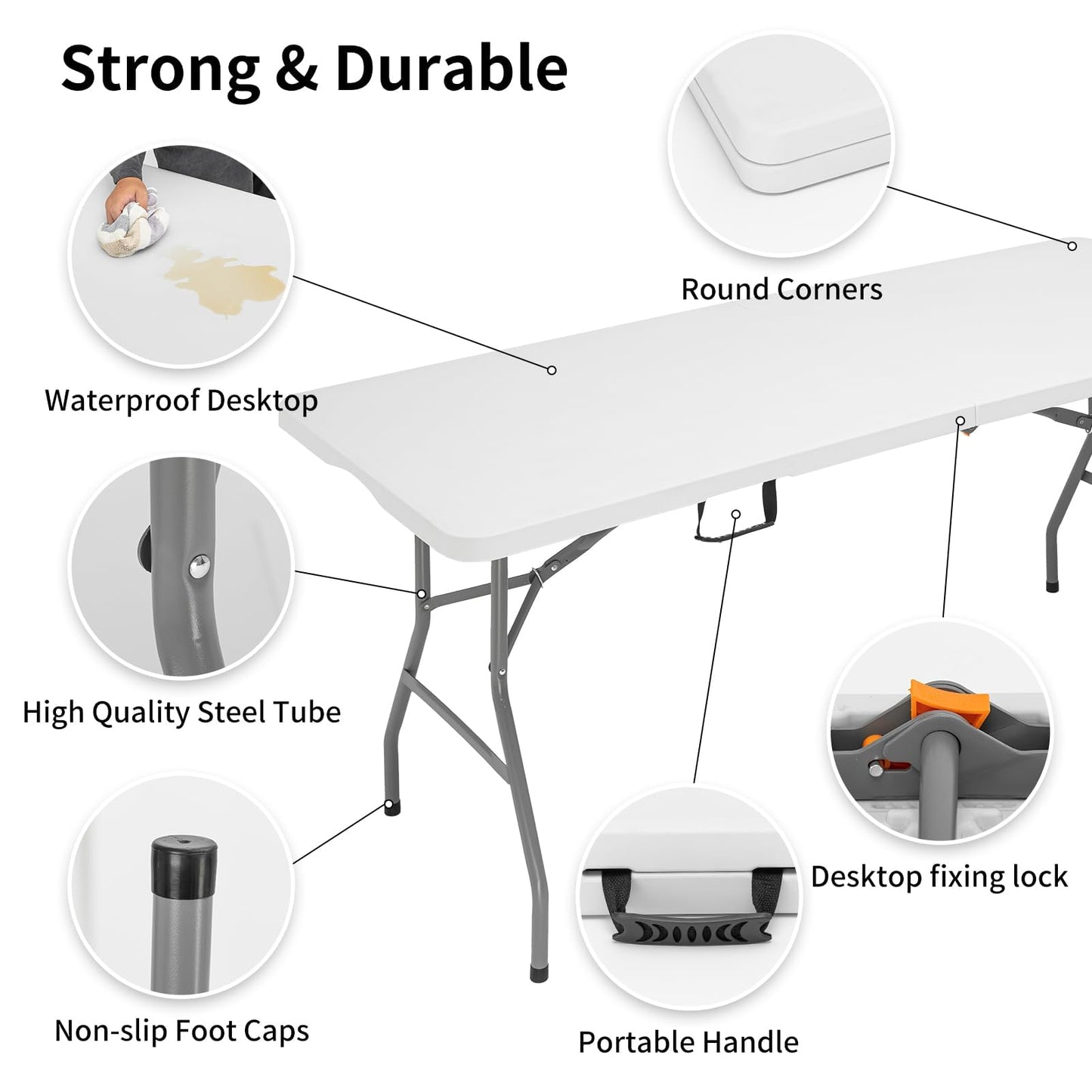 CHRONELLE 6FT Folding Camping Table Portable 350lbs, 6 Foot Folding Picnic Card Table for Outdoor, Plastic Rectangular Dining Work Tables for Indoor, Heavy Duty Fold-in-Half Tray Tables, 71x29 inch