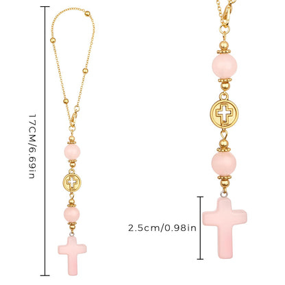 Cross Crystal Hanging Car Charm,Cute Healing Stones Car Decor for Rear View Mirror Boho Handmade Sun Catcher Ornament Accessories Rose Quartz Crystal Protection for Women