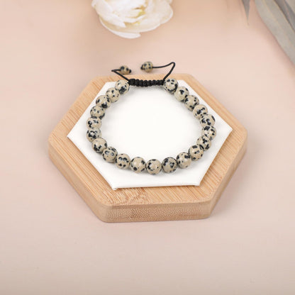 AD Beads Natural 8mm Gemstone Bracelets Healing Power Crystal Macrame Adjustable 7-9 Inch (Dalmation Jasper)