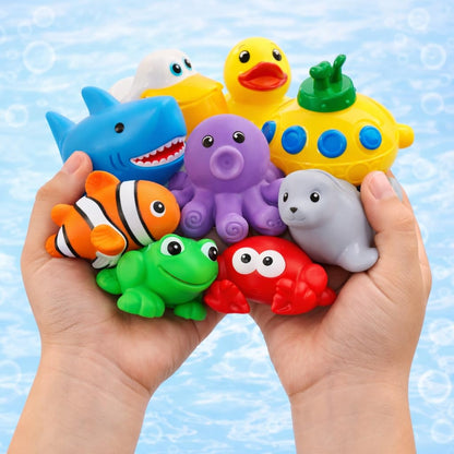 15 PCS Ocean Animals Rubber Bath Toy Water Squirters with Floating Bathtub Squeeze and Play Soft Sea Creatures anf Fishing Net for Baby, Toddlers and Kids