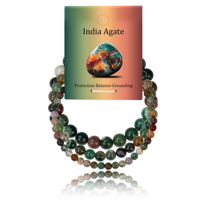 Bolinailo 3Pcs Natural Healing Crystal Bracelets for Women Men, 4mm 6mm 8mm Beaded Stretch Bracelet Set, Indian Agate Natural Stone Gemstone Jewelry Gifts for Meditation, Reiki & Yoga