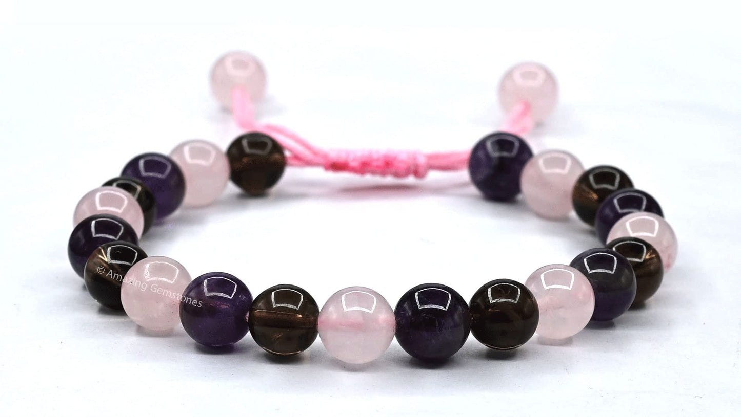 Amazing Gemstone Bracelet for Sleep Manifestation - Rose Quartz Smoky Quartz Amethyst Bracelet Set - Healing Calming Anxiety Stress Relief Gifts Pulseras Para Hombres Mujer Stocking Stuffers