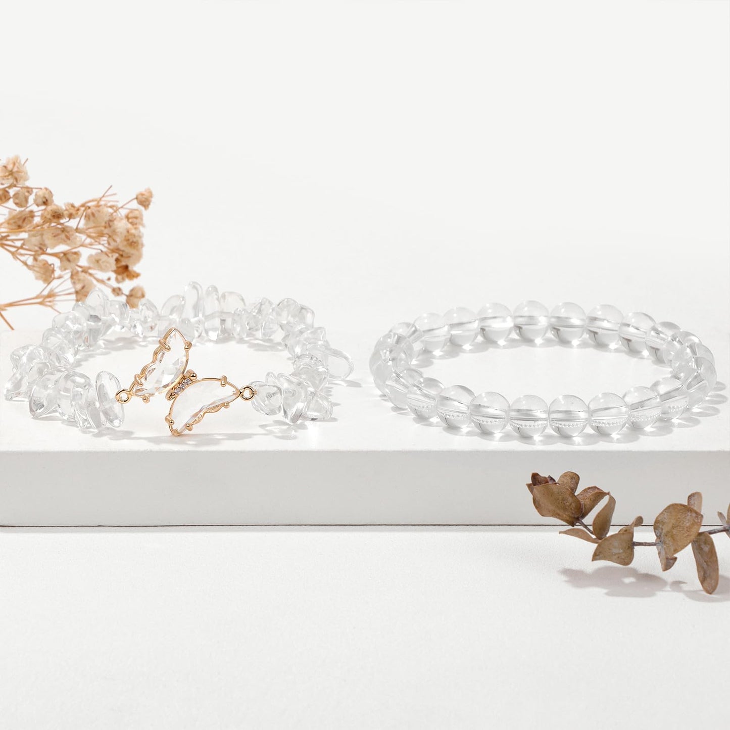 GolbalJew Clear Quartz Bracelet for Women Healing Crystal Stone Bracelets Clear Gemstone Beads Stretch Bracelet Butterfly Charms Jewelry Women Gift