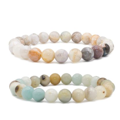 Bivei Natural Gemstone Semi Precious Crystals Handmade Stretchy Round Beads Bracelet, Enhance Positive Energy,Stocking Stuffers for Women(Bamboo Leaf Agate & Amazonite (Good Luck) Medium)