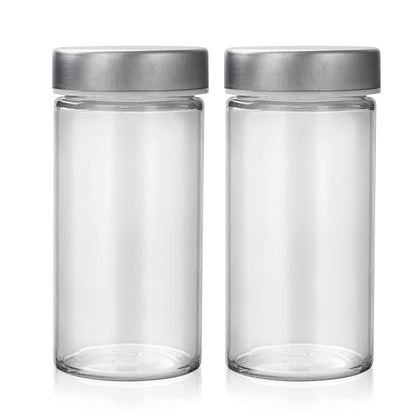 2 Pcs Glass Spice Jars/Bottles - 3oz Empty Round Spice Containers with Airtight Metal Caps with Shaker Lids (2, clear)