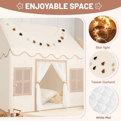 Senodeer Kids Play Tent Indoor: with Mat, Tassel Garland, Star Lights - Girl Tent Indoor Playhouse for Kids Toys for Boy Girl Birthday Gift