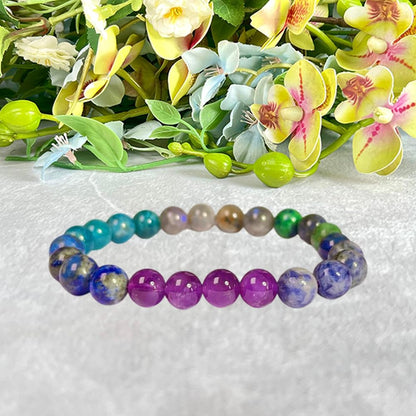 Crystal Treasure Third Eye Chakra Crystals Sodalite,Amethyst,Himalayan Quartz,Azurite Malachite,Rhyolite,Blue Aventurine Stone Round Beaded Stretchable Bracelet