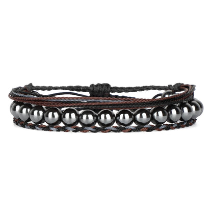 QOGIR Handmade Healing Bracelets,8mm Natural Hematite Gem Stone Beads Bracelet,for Men Women Gifts with 2PCS Size Adjustable Rope Bracelets