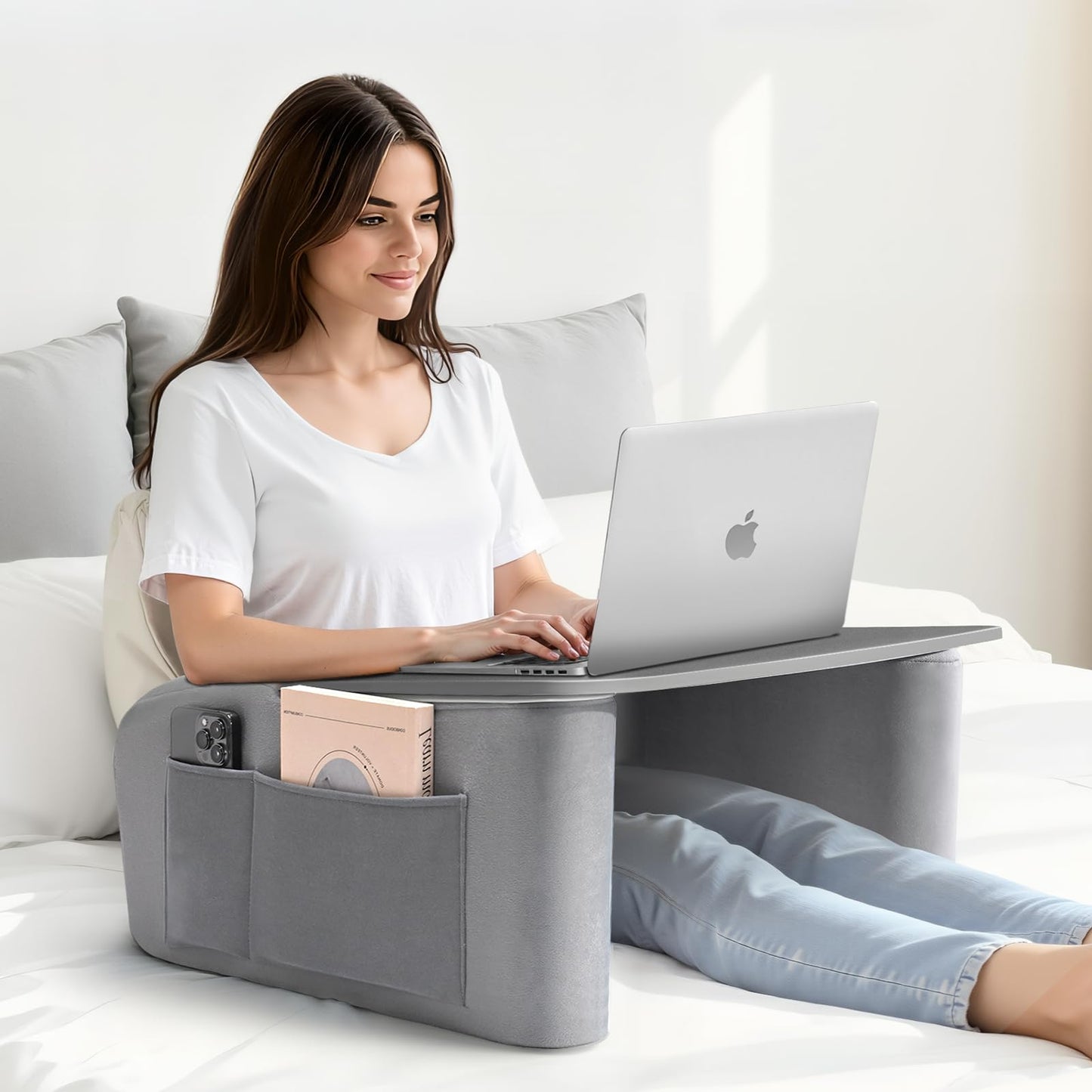 OPTIXCELL Reading Pillow for Gaming with Ergonomic Arm Rests, Wooden Lap Desk for Laptop, Support Pillow with Side Pockets for Reading, Writing, Working, Gaming on Bed, Couch or Floor (Gray, Large)