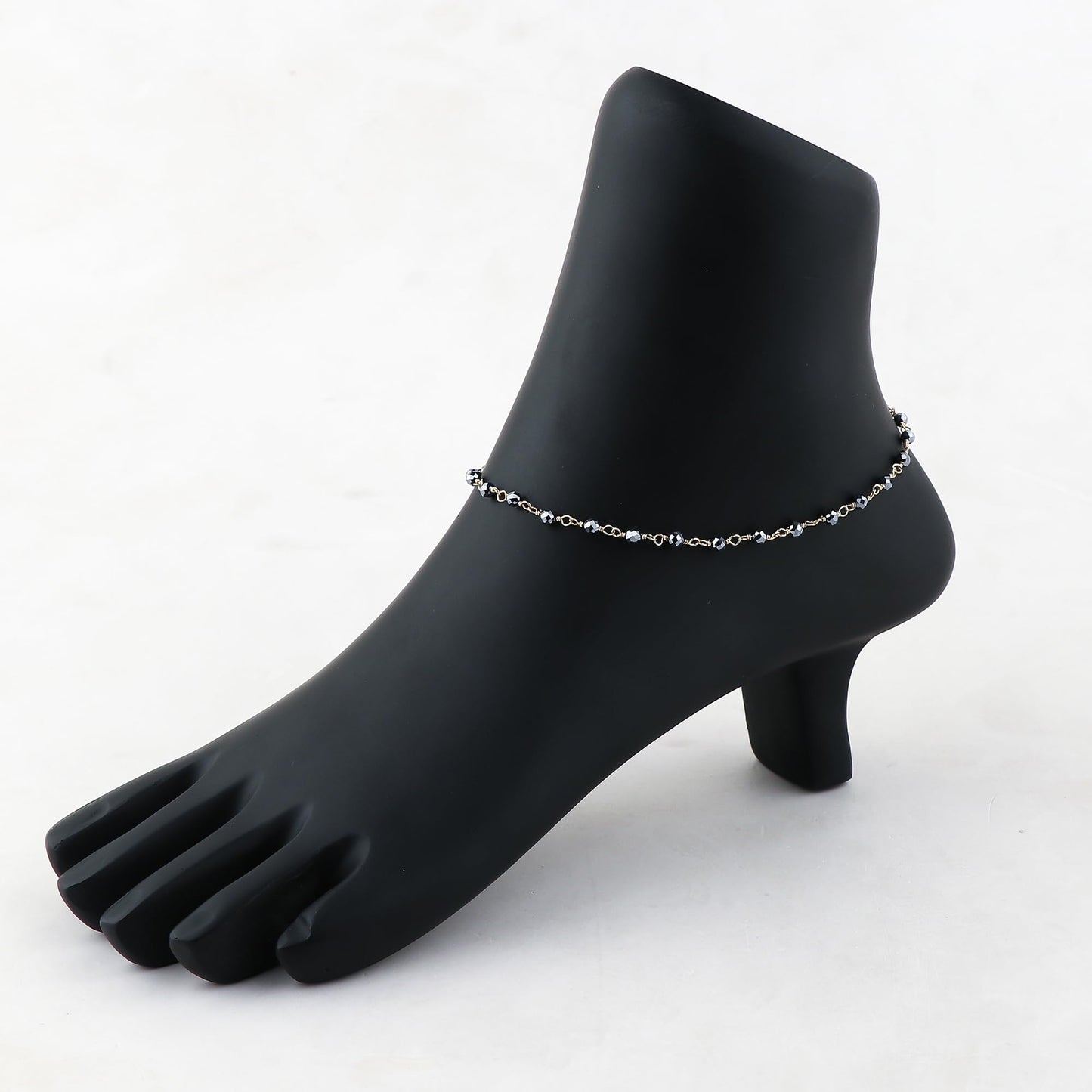 JOR Natural Hematite Beaded Rosary Anklet, Handmade Craft, Anklet Beads Bracelet, Chakra Healing Anklet, Gemstone Women Jewelry, Dainty Gold Plated Anklet 9 inch + 2 inch (1pcs)