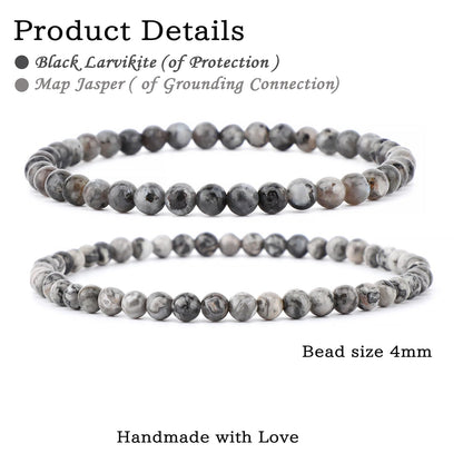 NCB 2-Piece 4mm Natural Crystal Gemstone Stretch Bracelets – ﻿Black Larvikite, Map Jasper Handmade Reiki Energy Healing Jewelry for Meditation,Yoga, Unisex