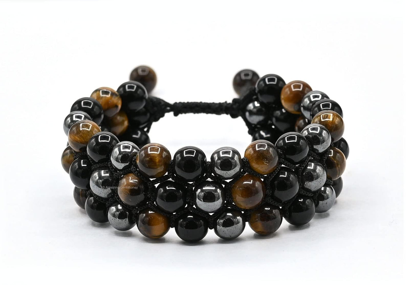 Amazing Gemstone Triple Protection Bracelet - Hematite Black Obsidian Tiger Eye Bracelet Set for Men Women Healing Calming Anxiety Stress Relief Gifts Stocking Stuffer (Adjustable, 3 Layer)
