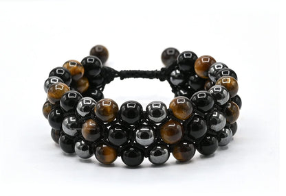 Amazing Gemstone Triple Protection Bracelet - Hematite Black Obsidian Tiger Eye Bracelet Set for Men Women Healing Calming Anxiety Stress Relief Gifts Stocking Stuffer (Adjustable, 3 Layer)