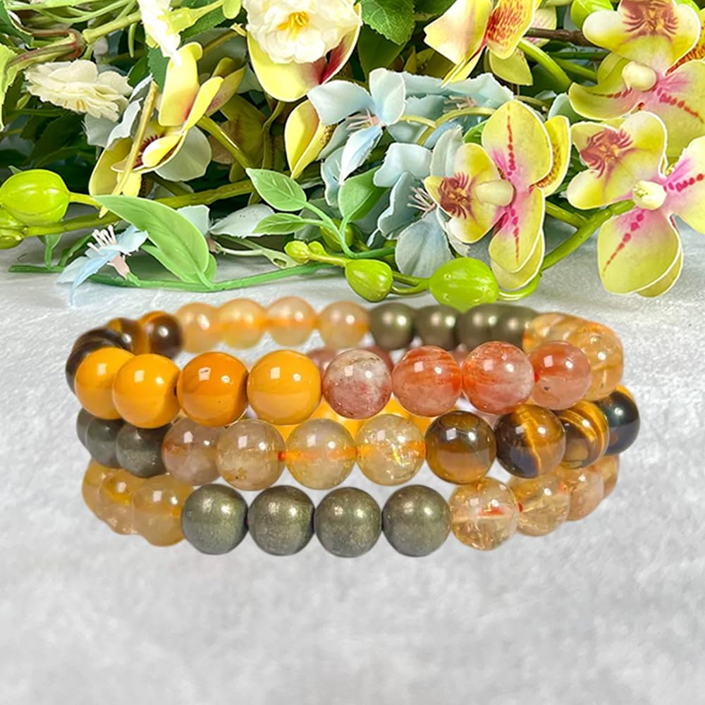 Solar Plexus Chakra Crystals Carnelian, Citrine, Tiger Eye, Peach Moonstone Round Beaded Stretchable Bracelet