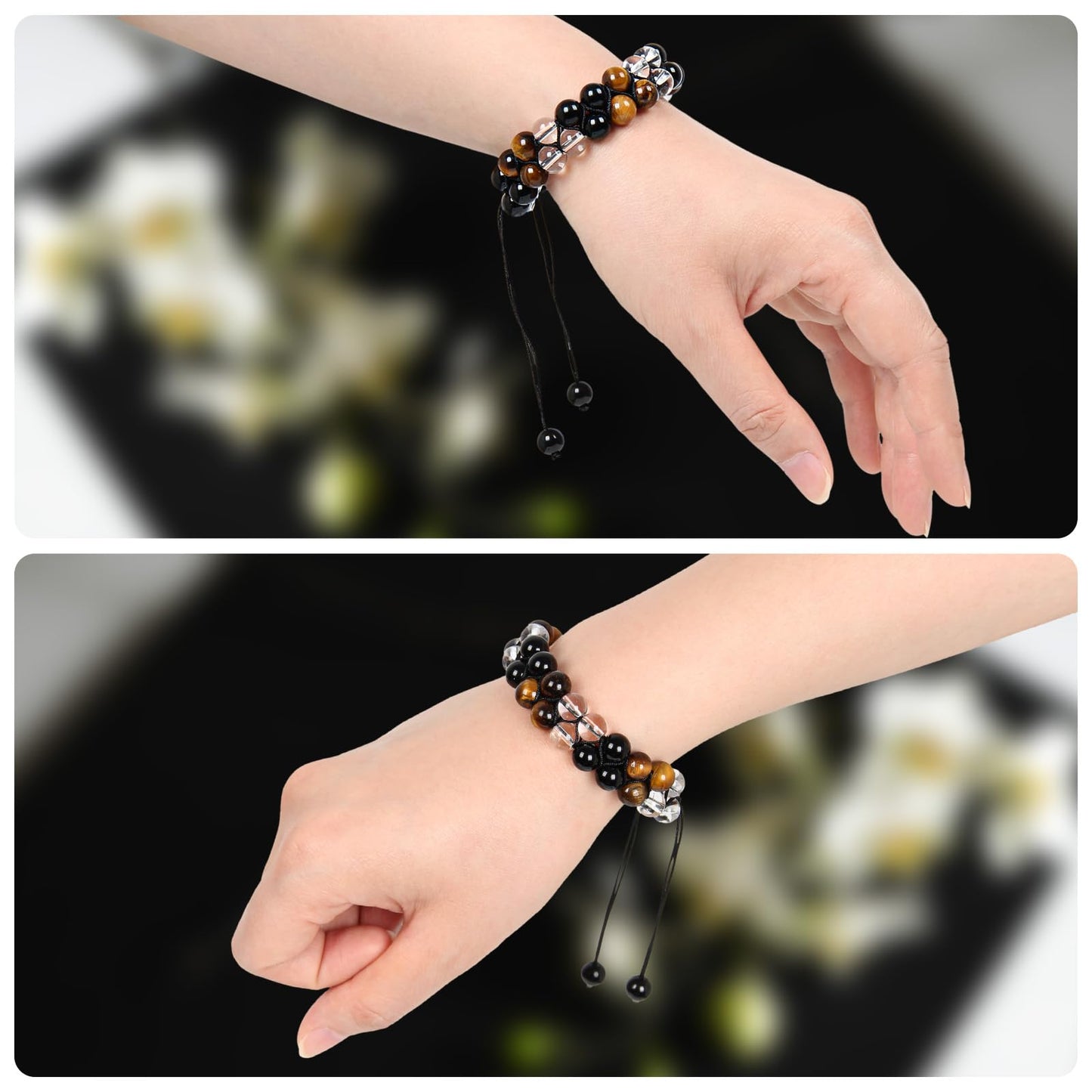 Orientrea Triple Protection Bracelet- Yellow Tiger's Eye, Black Obsidian & Clear Quartz, 8mm Handmade Healing Crystal Bead Bracelets for Luck, Prosperity, Protection & Balance, Gift for Men & Women
