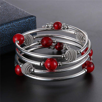 PEARL&CLUB Beaded Chakra Bangle Turquoise Bracelet - Fashion Jewelry Wrap Bracelet with Thick Silver Metal and Mala Beads, Birthday Gifts For Women(63-Red)
