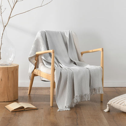 100% Cotton Waffle Blanket with Fringe, Pre-Washed Waffle Weave Blanket for All Season, Lightweight Breathable Soft Cozy Throw Blanket for Couch, Bed, Travel (Light Grey - 50x60 Inches)