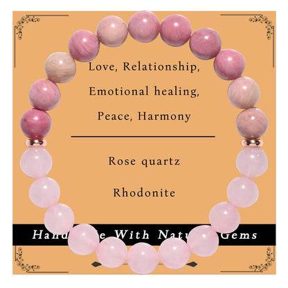 Gracayfr Anxiety Relief Emotional Balance Bracelet Natural Stone Healing Crystal Spiritual Empath Protection Gemstone Stretch Bead Rose Quartz Rhodonite